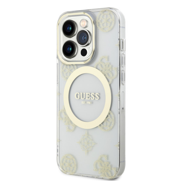 GUESS Futrola za iPhone 14 Pro IML GLITTER PEONY GOLD TRANSPARENT MagSafe slika 3