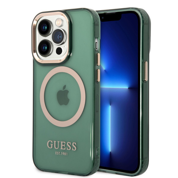 GUESS Futrola za iPhone 14 Pro Max GOLD OUTLINE TRANSLUCENT KAKI MagSafe slika 1