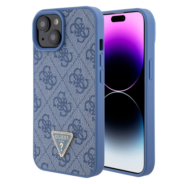 GUESS maska za iPhone 15 LEATHER 4G TRIANGLE STRASS BLUE slika 1