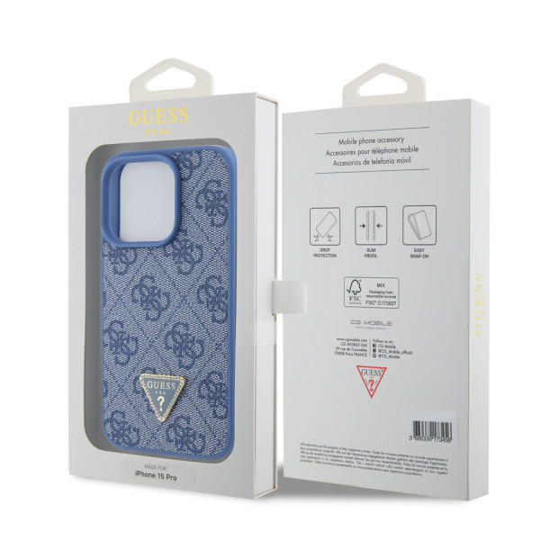 GUESS maska za iPhone 15 Pro LEATHER 4G TRIANGLE STRASS BLUE slika 5