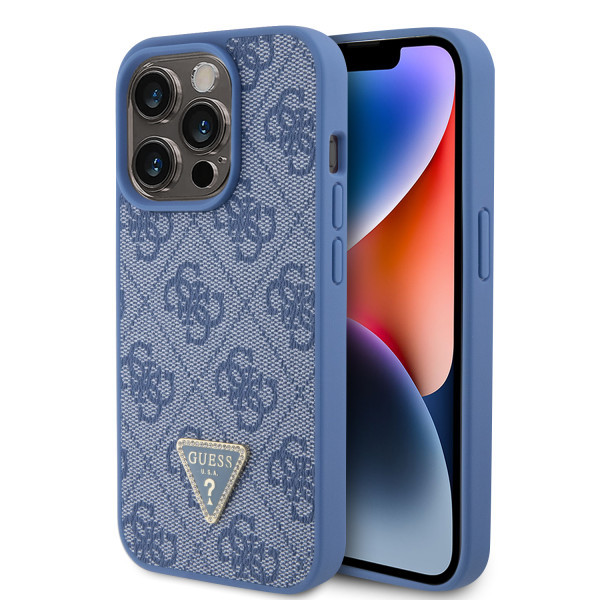 GUESS maska za iPhone 15 Pro LEATHER 4G TRIANGLE STRASS BLUE slika 1