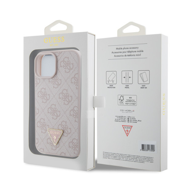 GUESS maska za iPhone 15 LEATHER 4G TRIANGLE STRASS PINK slika 5