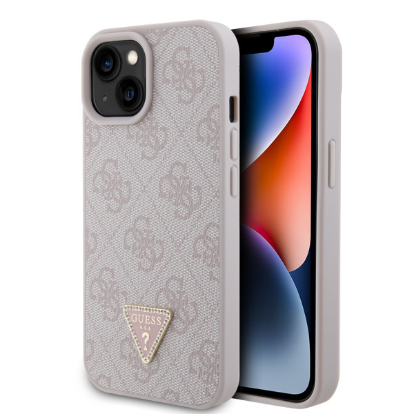 GUESS maska za iPhone 15 LEATHER 4G TRIANGLE STRASS PINK slika 1