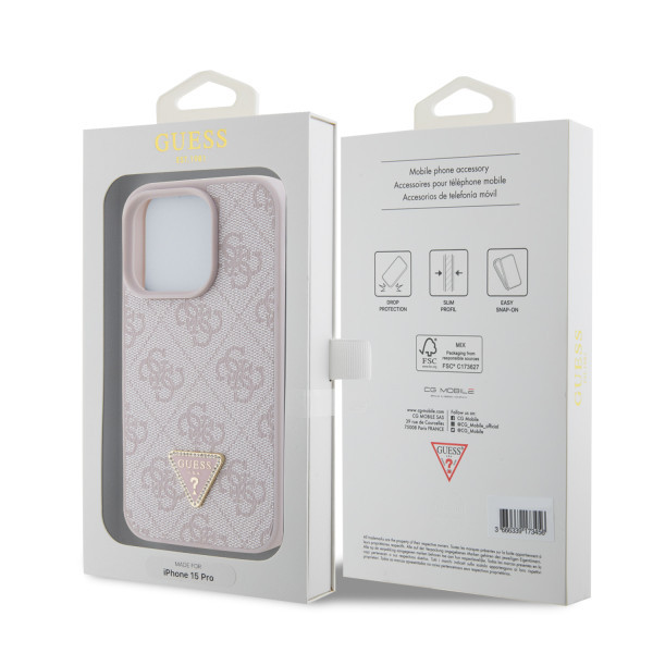 GUESS maska za iPhone 15 Pro LEATHER 4G TRIANGLE STRASS PINK slika 5