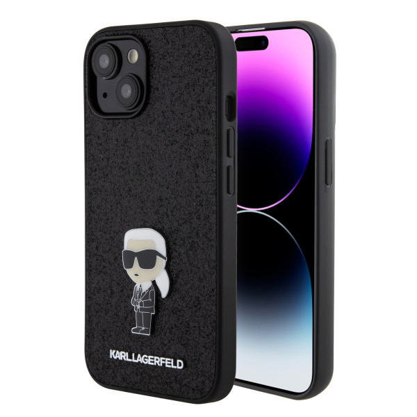 Karl Lagerfeld maska za iPhone 15 IKONIK FIXED GLITTER IKONIK LOGO METAL PIN BLACK slika 1