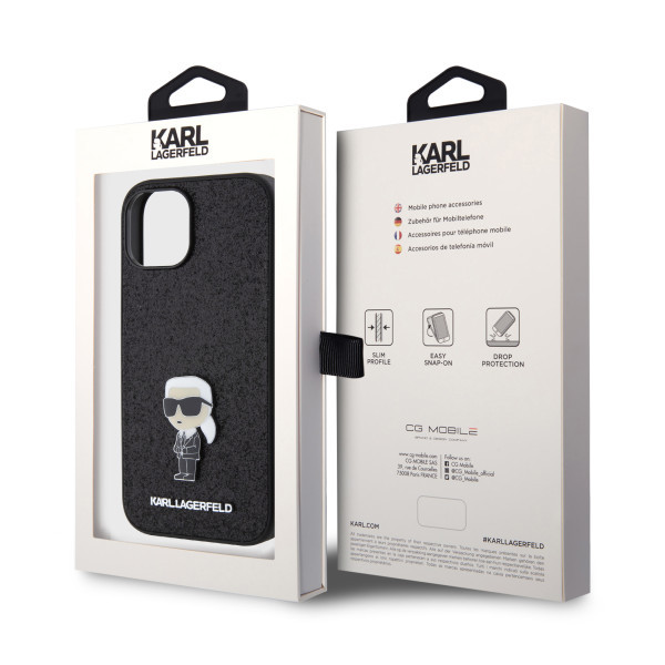 Karl Lagerfeld maska za iPhone 15 IKONIK FIXED GLITTER IKONIK LOGO METAL PIN BLACK slika 3