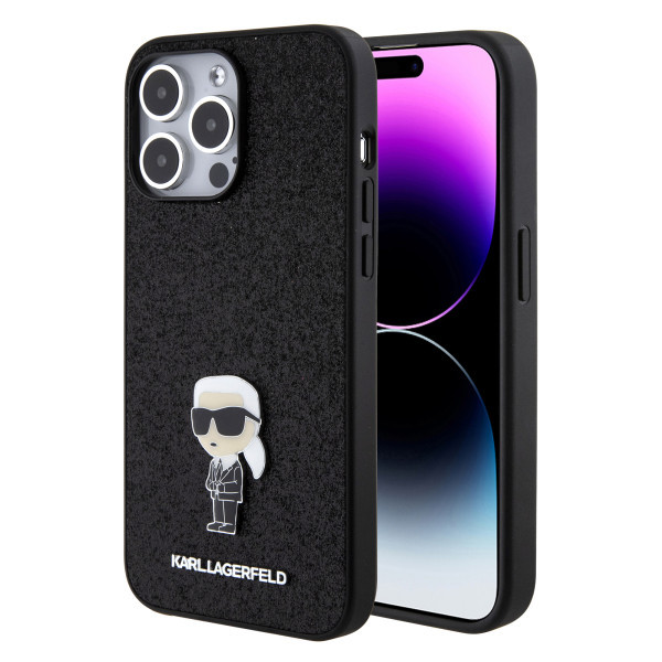 Karl Lagerfeld maska za iPhone 15 Pro Max IKONIK FIXED GLITTER IKONIK LOGO METAL PIN BLACK slika 1