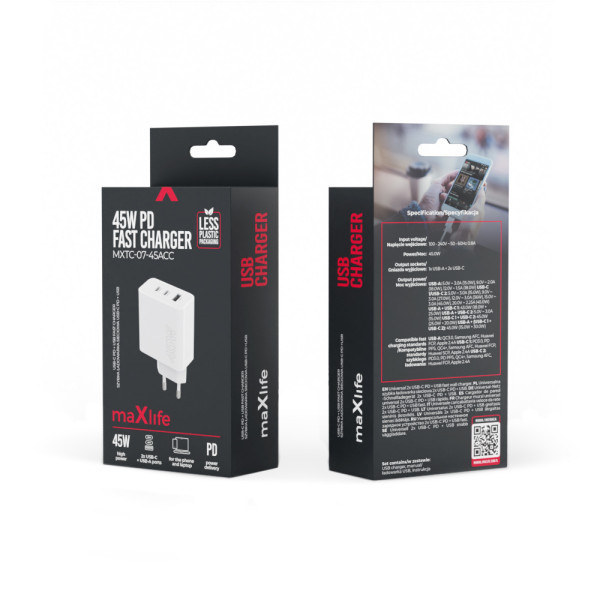 MAXLIFE kućni punjač za telefon od 45W sa dva USB-C i jednim USB-A ulazom WHITE slika 5