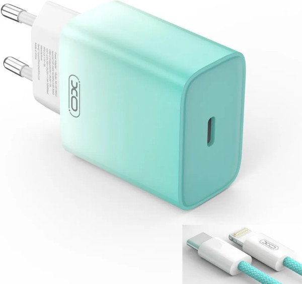 XO kućni punjač od 30W 1x USB-C BLUE-WHITE + cable USB-C - Lightning slika 1