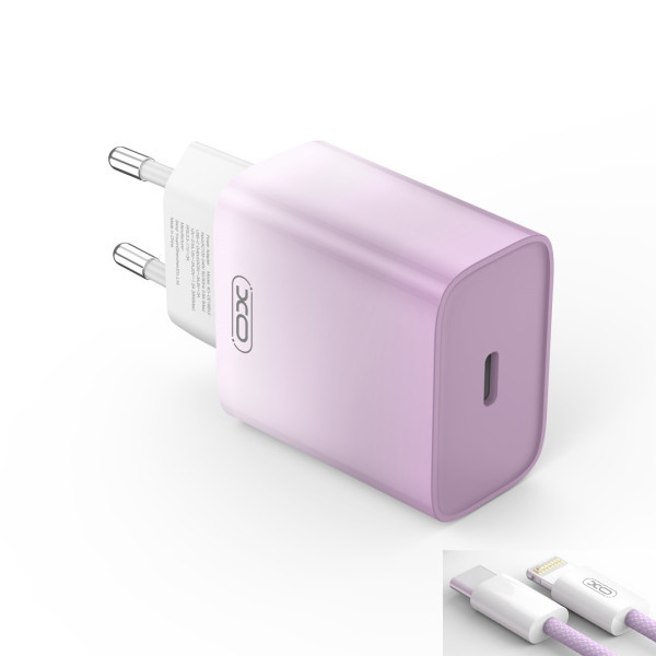 XO kućni punjač od 30W 1x USB-C PURPLE-WHITE + cable USB-C - Lightning slika 1